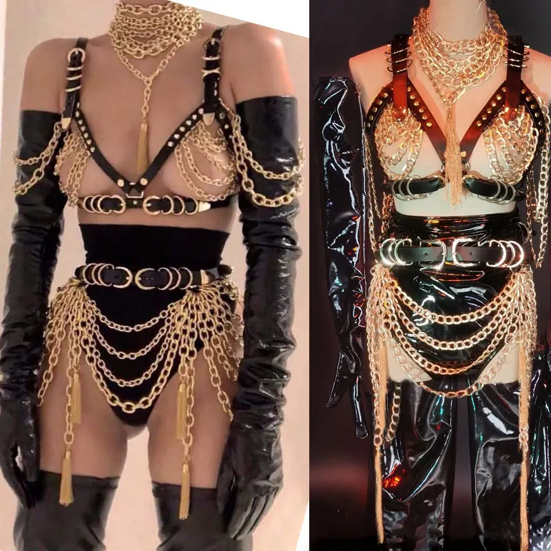 

Women Bodysuit Sexy Gold Chains Costume Stage Performance Outfit Nightclub Show Bra Chains Short Rivet Clothes Festival Outfit