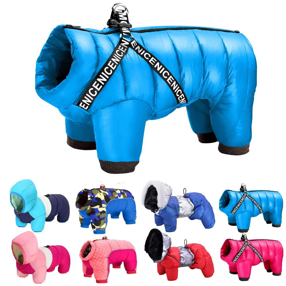 Winter Pet Dog Clothes Thick Warm Dogs Jacket Coat Jumpsuit With Harness Reflective Waterproof Dogs Down Jacket Snowsuit 3 Layer