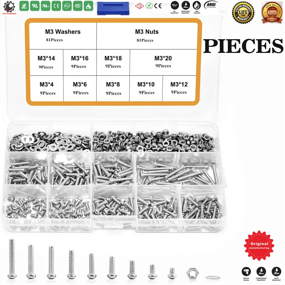 M3 M4 Screw Assortment Kit 304 Stainless Steel Machine Screws Phillips Pan Head Screws Bolts Nuts Lock Flat Washers,Socket Head