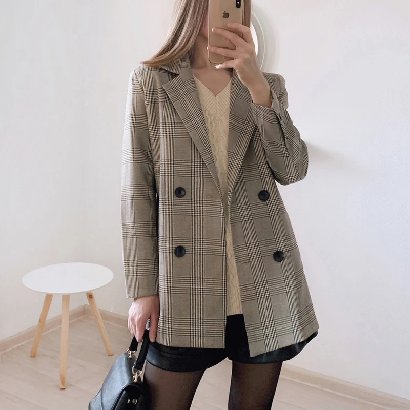 Office Ladies Notched Collar Plaid Women Blazer Double Breasted Autumn Jacket 2021 Casual Pockets Female Suits Coat