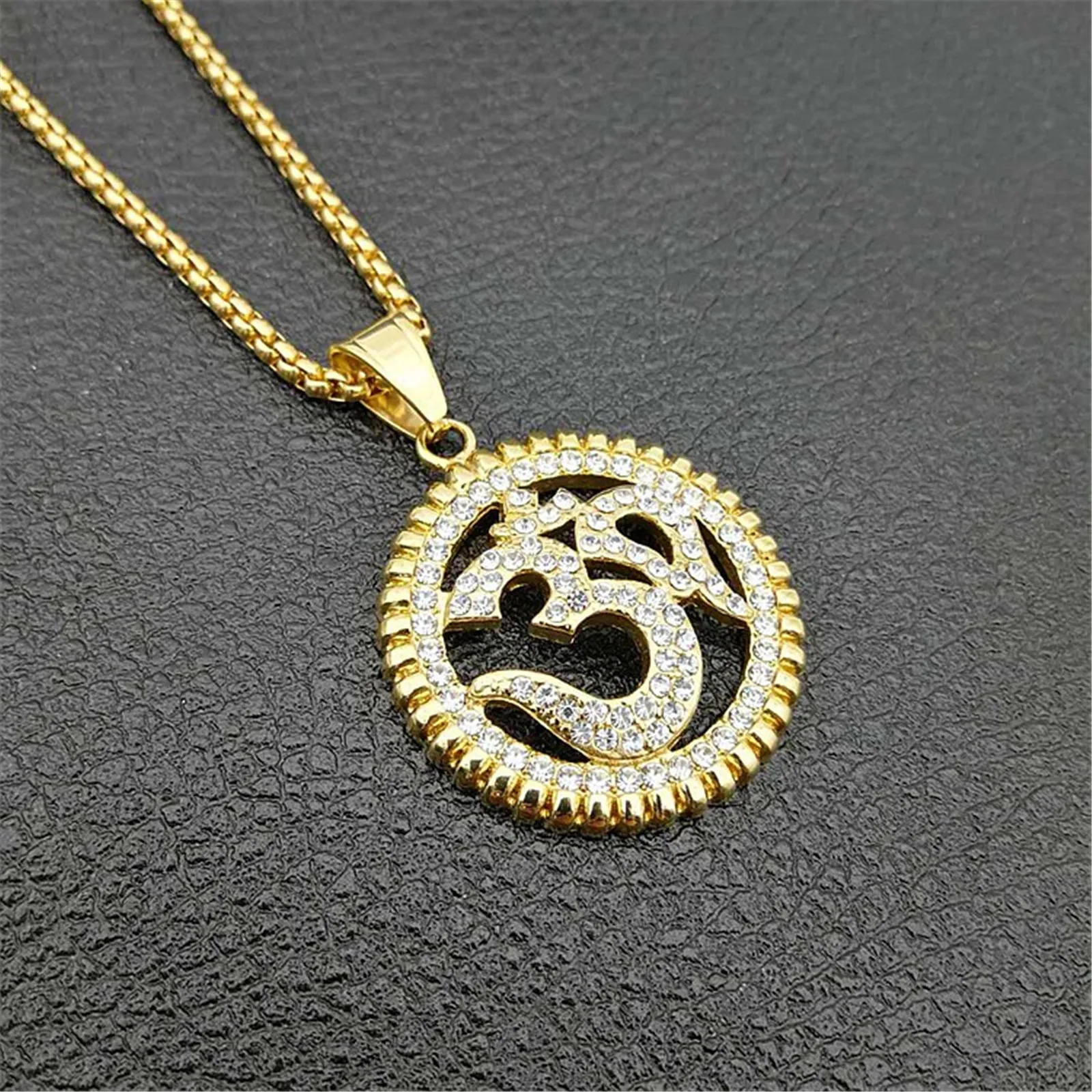 

Om Symbol Necklace Sanskrit Hinduism Buddhism Yoga Stainless Steel Round Metal Pendant for Men and Women