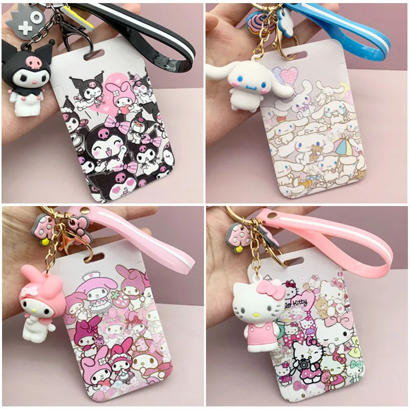 Sanrioed Kawaii Cartoon Mymelody kt cat Kuromi Cinnamoroll Campus Card Protector Cute Doll Key Chain Bus Subway Card Bag