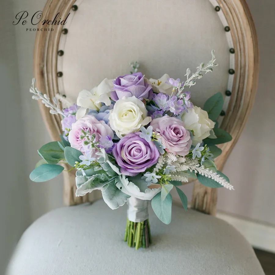 

PEORCHID Light Blue&purple Bridal Bouquet Hydrangea Rose Artificial Bride Photo Wedding Hand Holding Flower 2022 New Arrival