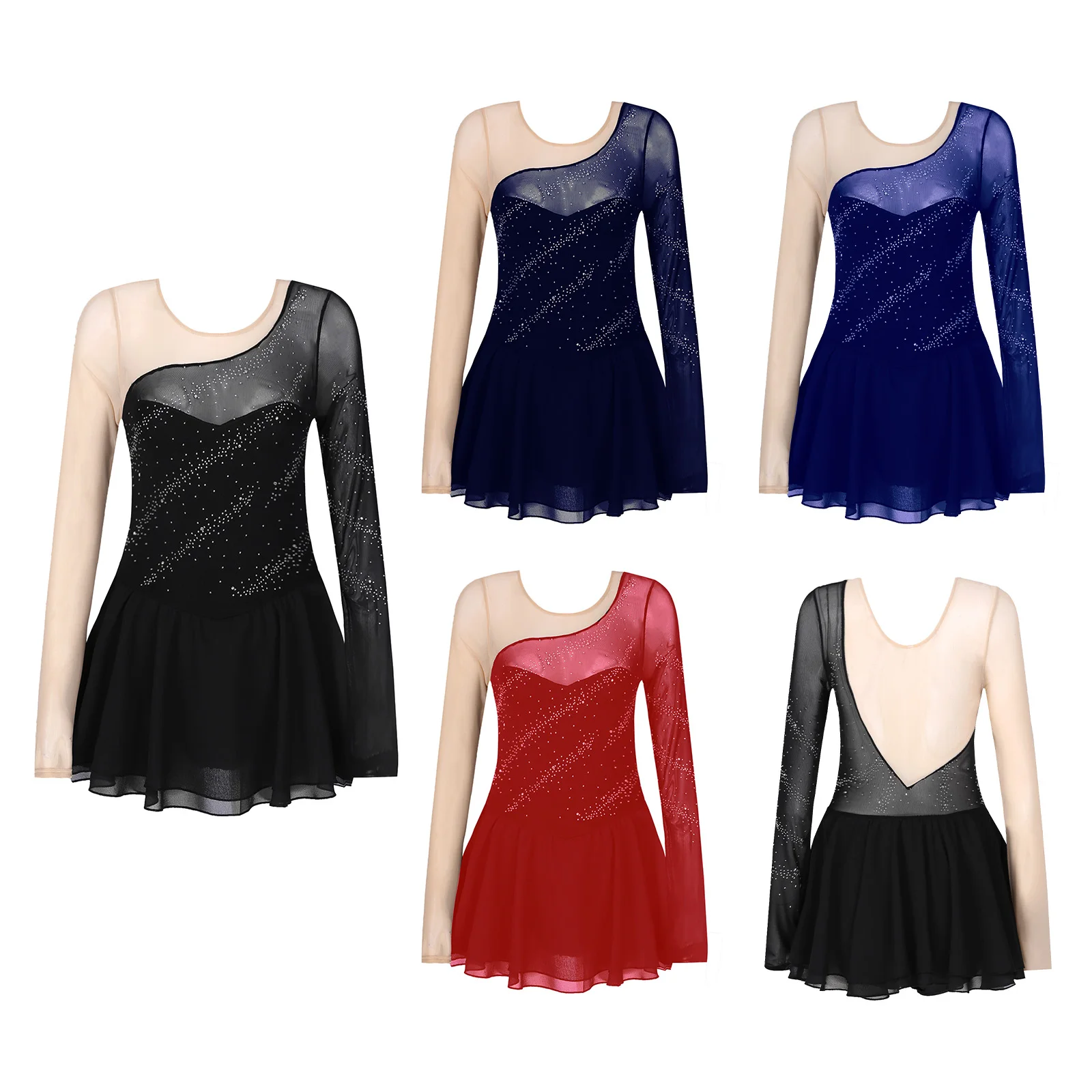 Women Long Sleeve Figure Skating Dress Sheer Mesh Rhinestone Ice Ballet Dance Leotard Dresses Stage Performance Clothing