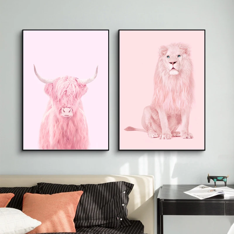 

Lovely Animal Printings Posters Pink Highland Bull And Lion Pink Wall Art Nordic Canvas Pictures Home Decor Wall Paintings