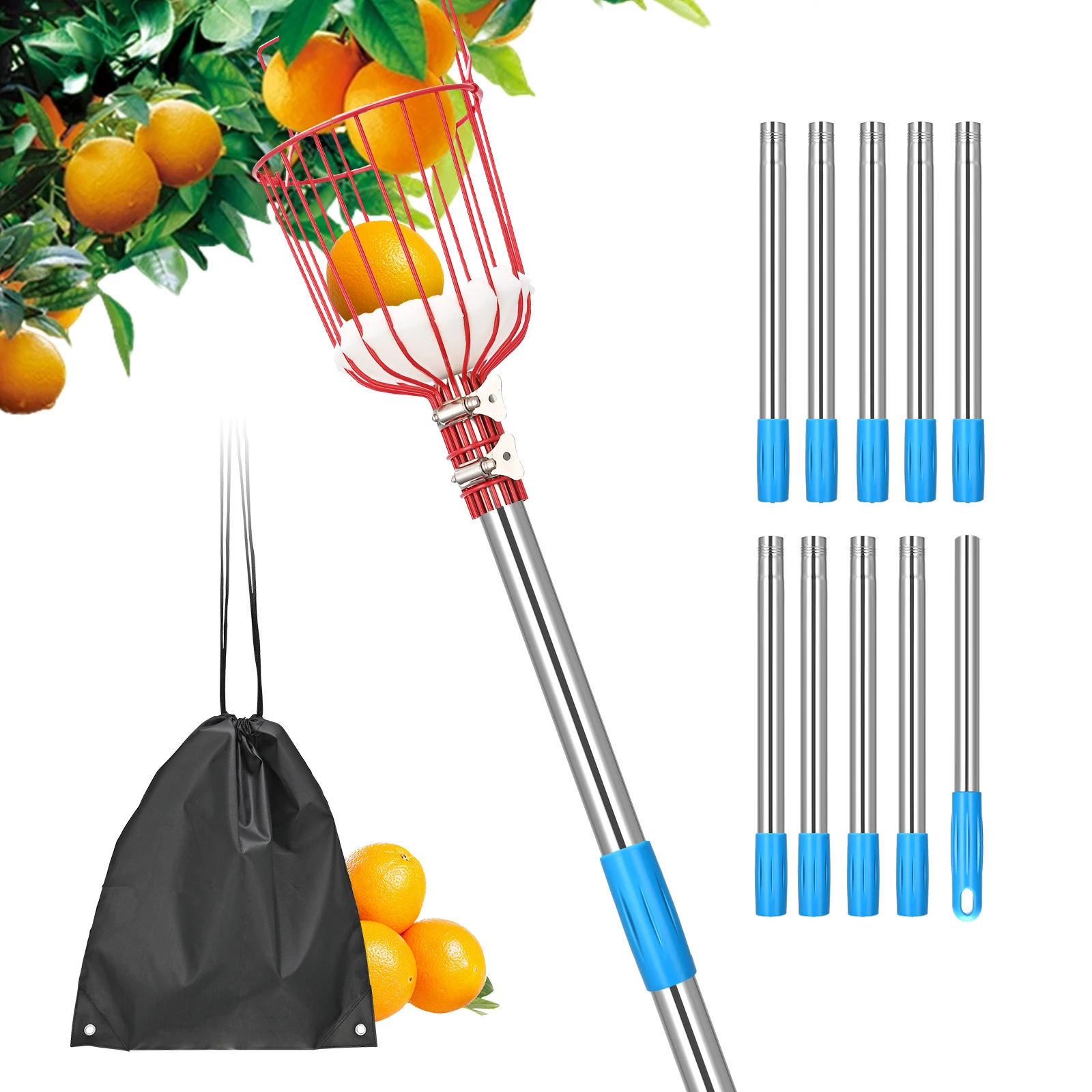 

Fruit Picker 4M- Height Adjustable Deep Basket Convenient Harvesting Collector Catcher Apple Peach Picking Farm Garden Tools