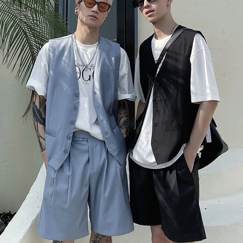 

Style Korean Mens Vest Suit Shorts Matching Set Outfit Summer Suits Sets Loose Sleeveless Jacket Straight Shorts Two Piece Set