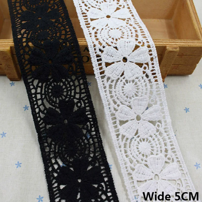 4.8CM Wide White Black Cotton Embroidered Ribbon Lace Fabric Dress Guipure Applique Trim DIY Craft Curtains Skirts Sewing Decor