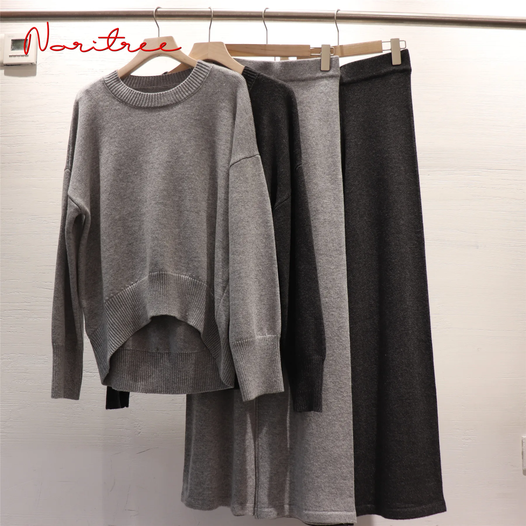 Luxury Asymmetry Two Pieces 45% Cashmere + 30% Wool Suits Female Warm Mink Cashmere Knit Tops +  Wide Leg Wool Pant Sets wy548