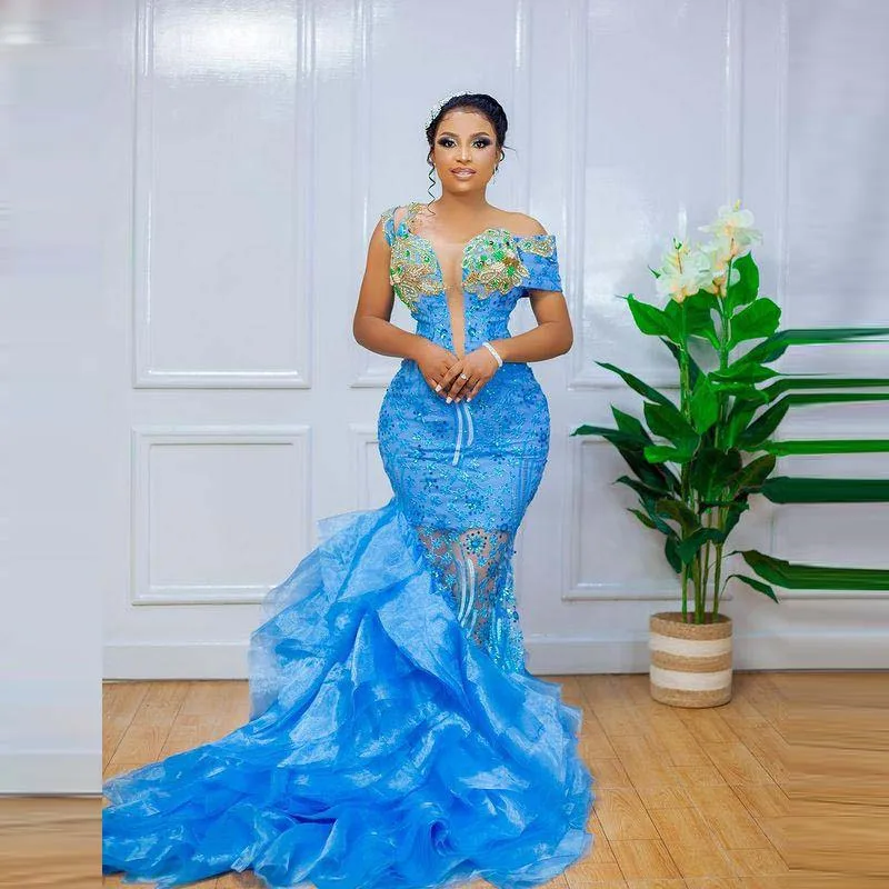 Xanh Dương 1 Vai Promise 1 Vai Hạt Tinh Thể Xù Dưới Nàng Tiên Cá Dạ Hội Xem Qua Aso Ebi Đảng Đồ Bầu