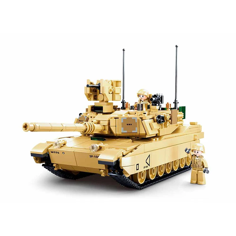 SLUBAN New World War II 2 Military USA Abrams M1A2 Battle Tank Chariot Building Blocks Army Classic Accessories Model Kids Toys