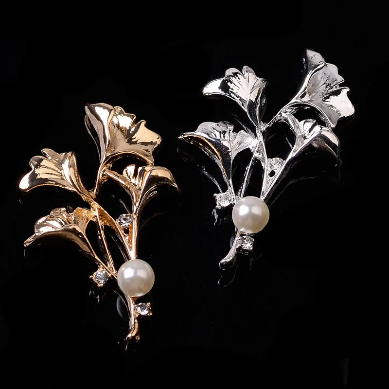 JKJ 10PCS Alloy Crystal Ginkgo leaves pearl flower Luxury Branch Charm For Jewelry Making Brooch Pin Hairpin Wedding gift