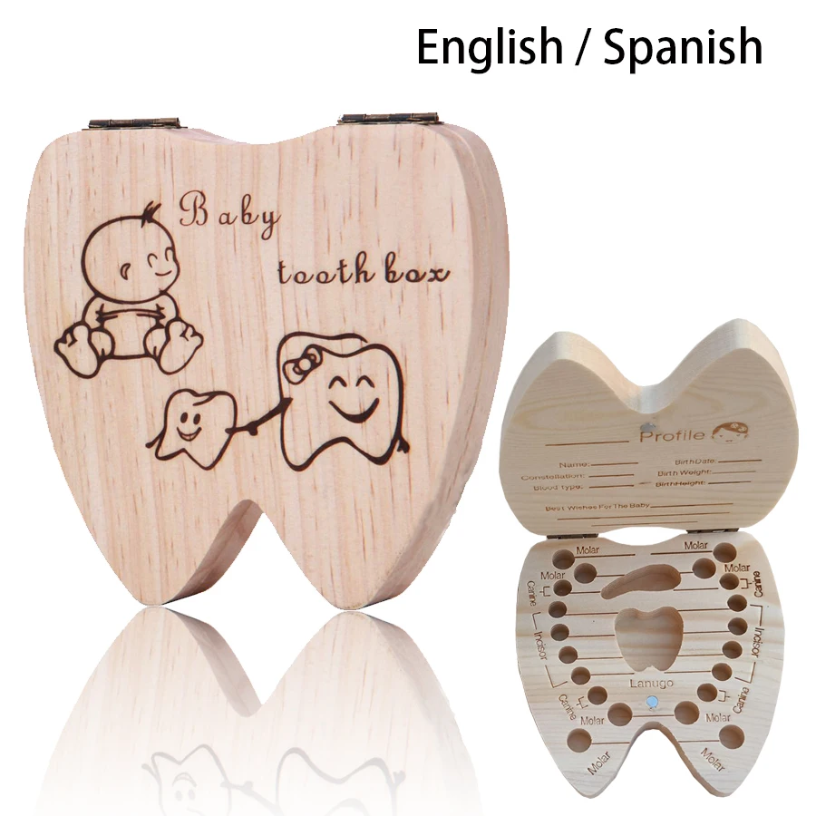 Teeth Shape Wooden Baby Teeth Box Organizer Milk Teeth Storage Collector Kids Teeth Umbilica Lanugo Save Box English / Spanish