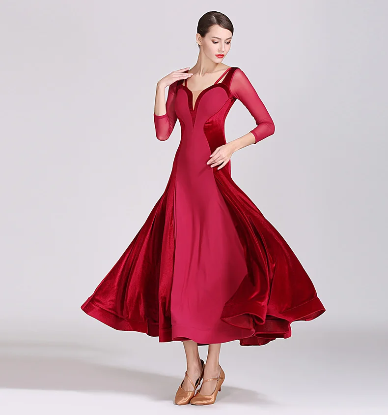 Velvet Splicing Long Dress Fringe Ballroom Dress For Big Dance Standard Women Tango Dress Rumba Dance Costumes Dance Wear