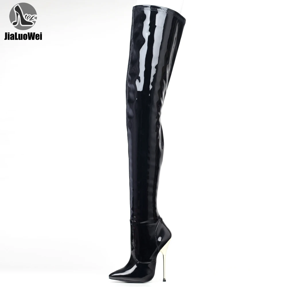 JIALUOWEI 36-46 Big Size PU leather thigh high boots 14cm high heel pointed toe over the knee long boots in stock fast shipping