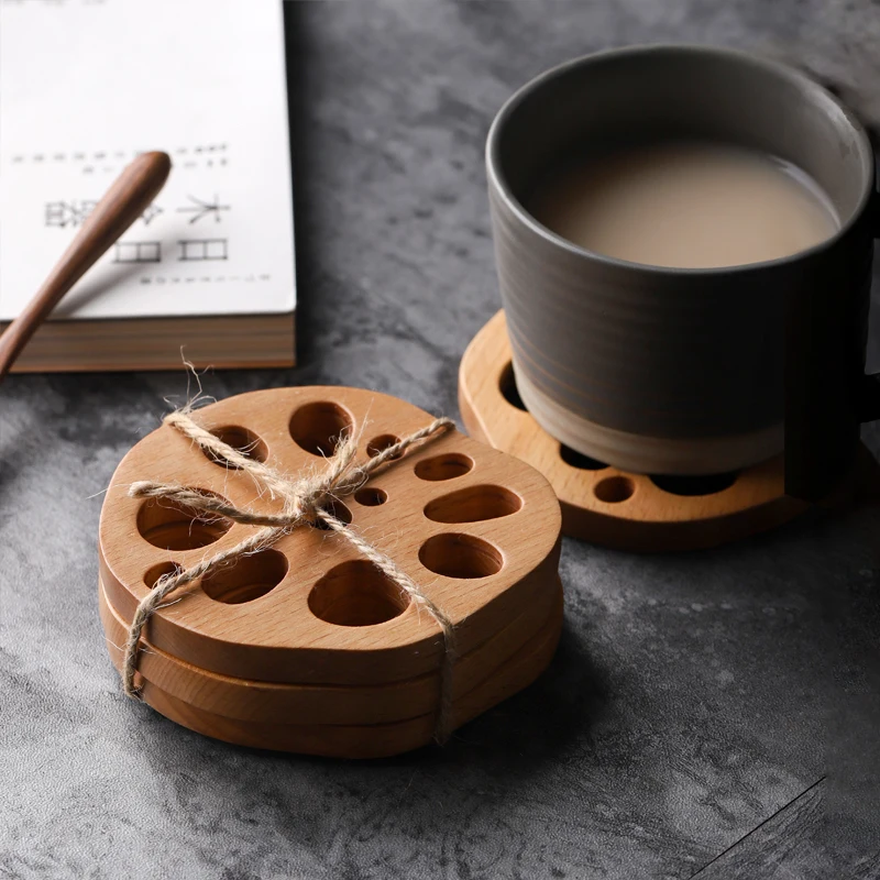 Wood Lotus Placemat Cup Holder Chinese Janpan Style Vintage Drink Coasters Tray Tea Pot Mug Placemats Home Dining Table Decor