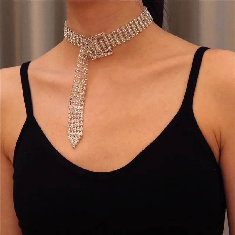 Fashion Full Rhinestone Choker Necklaces for Women Bijoux Shiny Silver Color Button Necklaces Statement Jewelry Party Gift