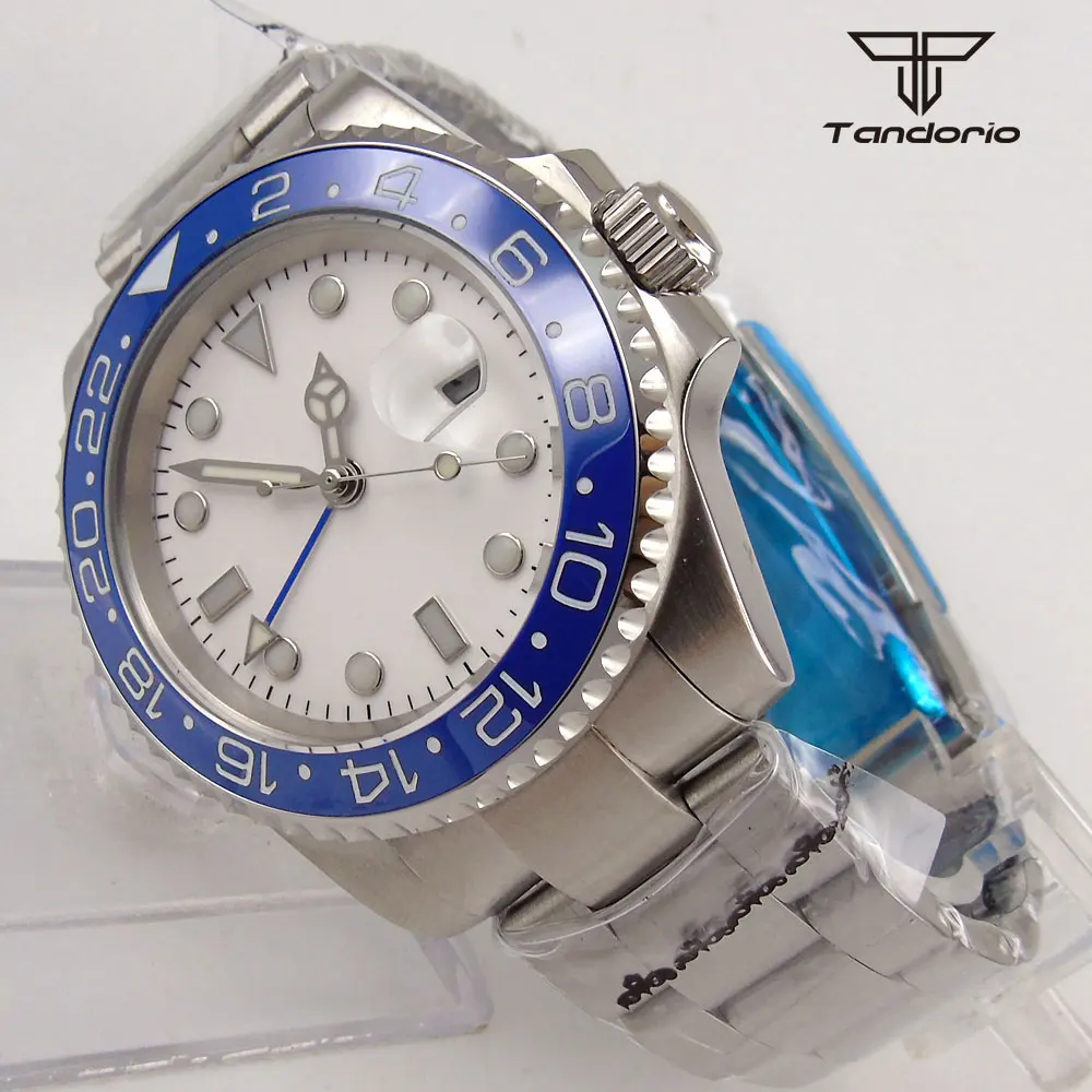 

4０mm Automatic Men's Watch GMT Function White Dial Sapphire Date Bezel Insert Strap Screw In Crown