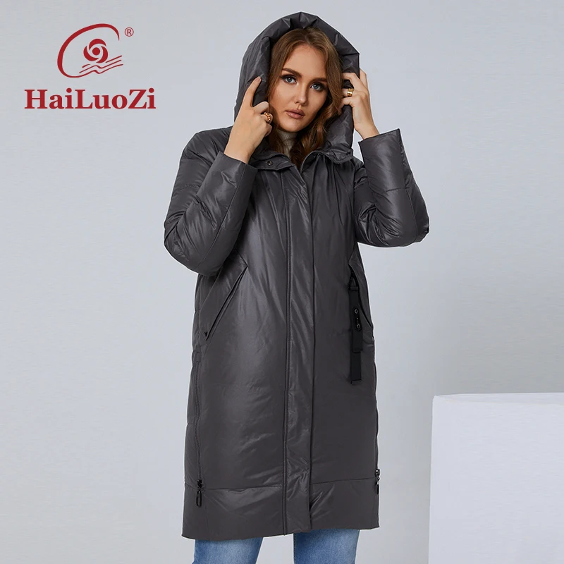 HaiLuoZi-Jaqueta longa de inverno feminina, parka casual, capuz com zíper lateral, casaco monocromático, clássico, grosso, plus size, moda feminina,