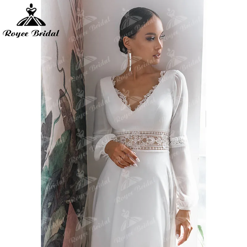 Boho uma linha praia manga longa puff renda chiffon sem costas bohemia decote em v vestido de casamento elegante vestido de noiva customzied 2025