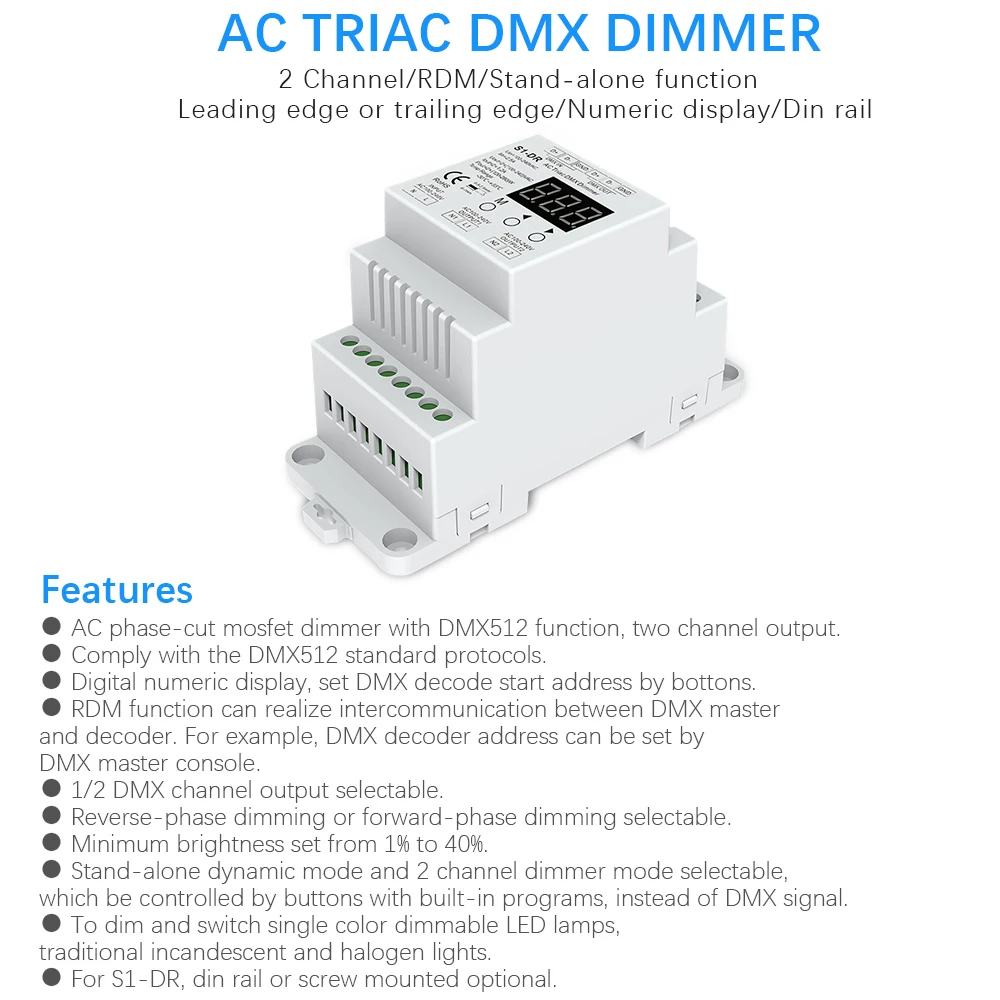 DMX512 LED Dimmer AC 220V 230V 110V 2 Channel Dimmable Triac DMX Controller DIM Rail Bulb Lamp Light Triac Dimmer Switch S1-DR