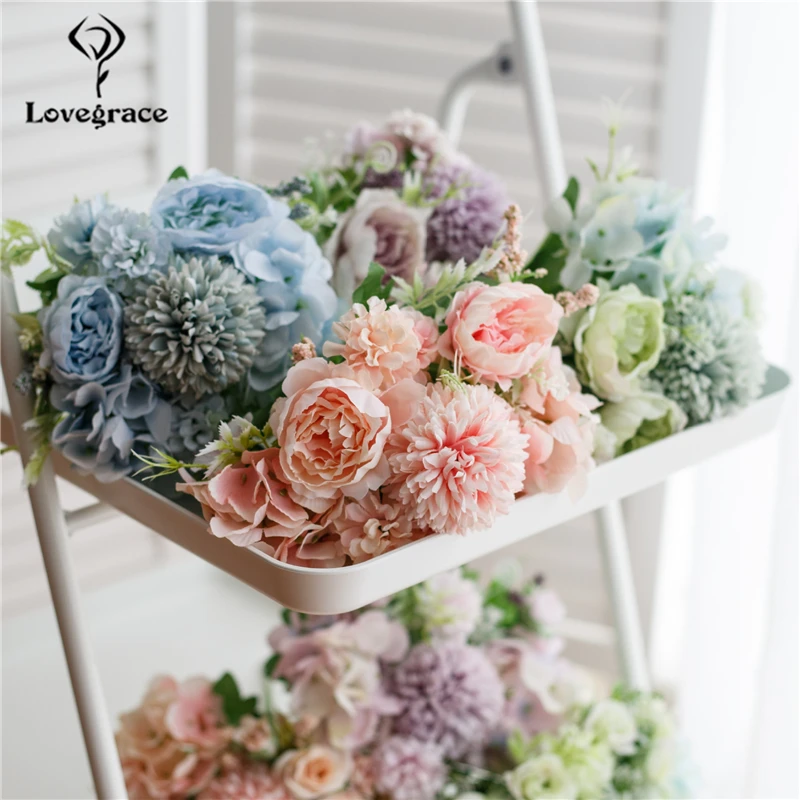 Lovegrace Wedding Bouquet Roseดอกไม้ผ้าไหมประดิษฐ์ดอกไม้ไฮเดรนเยียงานแต่งงานปลอมDIYตกแต่ง