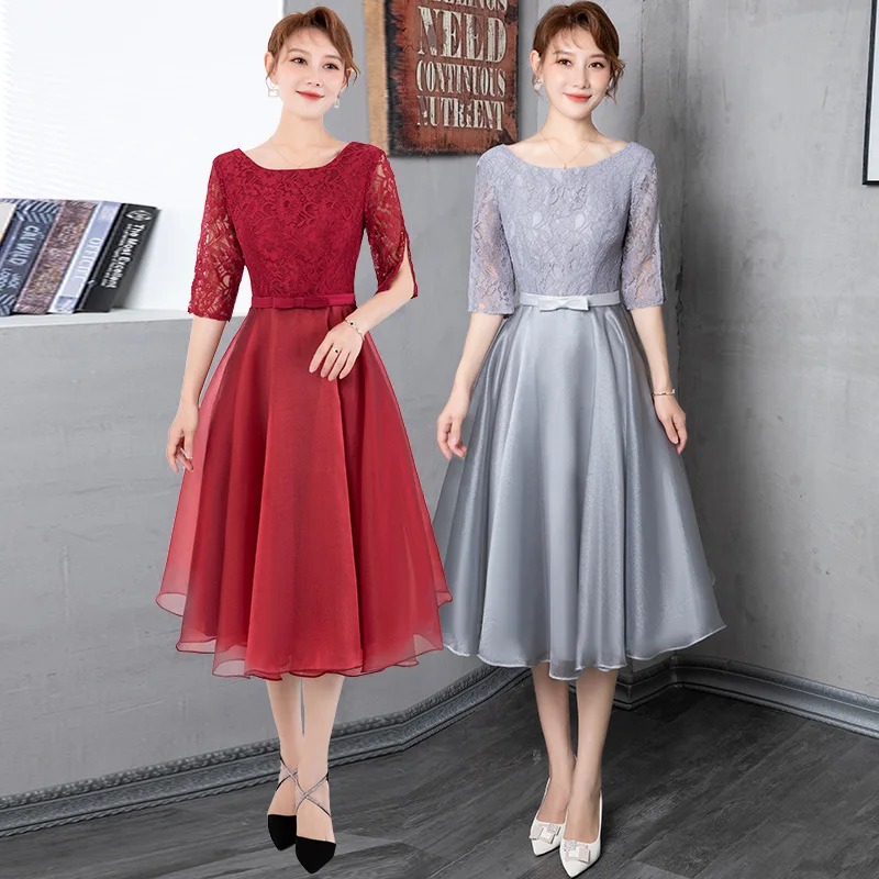 Wine Red Evening Dress 2021 New Fashion Illusion Half Sleeve a Line Lace Bridesmaid Dresses O-neck Banquet Party Dress