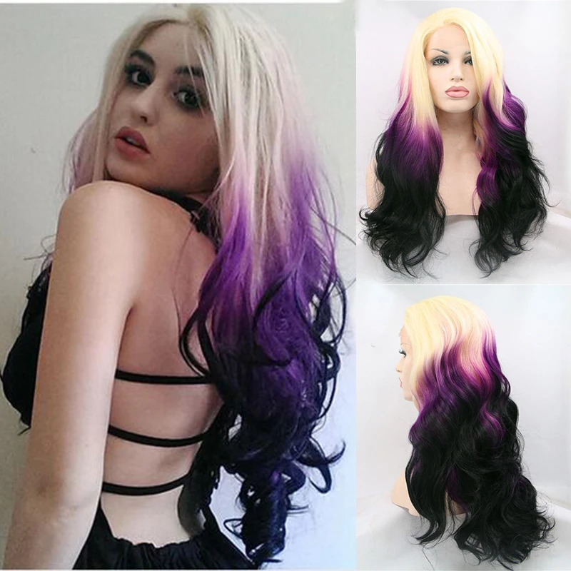 

Synthetic Lace Front Wig Blonde Purple Lolita Cosplay Ombre Colored Curly Body Wave Wigs Frontal Glueless 60Hair For Black Women