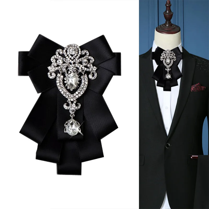Koreański moda wstążka Bowtie broszki Rhinestone krystaliczna koszula męska krawat kołnierz szpilki luksusowe akcesoria broszka ślubna