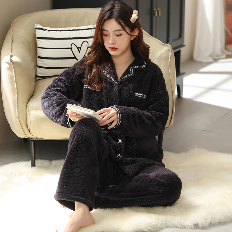 Winter Plush Velvet Pajamas Long Sleeve Flannel Pyjamas Women Warm Pijamas Mujer Loungewear Home Clothes Coral Fleece Sleep Set