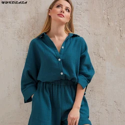 Cotton Pajamas For Women Sets Suit Casual Sleepwear Turn-Down Collar Nine Quarter Sleeve Sleep Tops Shorts Female Homewear 2023