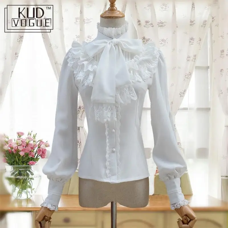 Vintage Lolita Chiffon Shirt Blouse For Women Long Sleeve Stand Collar Elegant Female Gothic Belt Lace Girl Red Black Blue White