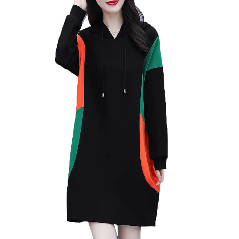 

2022 New Spring Autumn Women's Dress Long Sleeve Color Matching Hooded Casual Loose Hoodie Dresses Vestidos Female 5XL W22