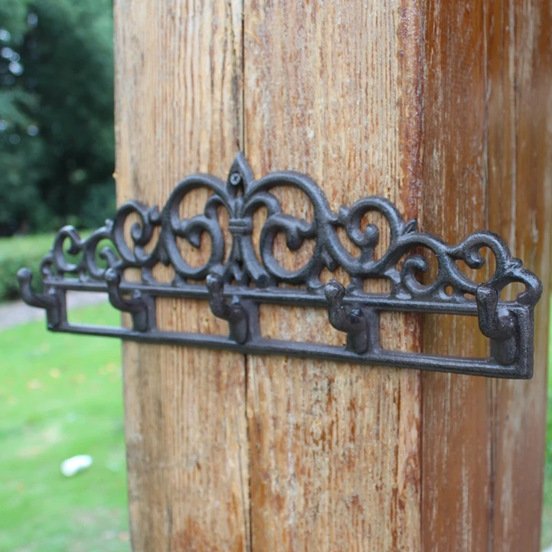 Chic Black Fleur De lis Cast Iron Wall Hook With Five Hangers Handmade European Home  Garden Decor Wall Mounted Metal Hooks