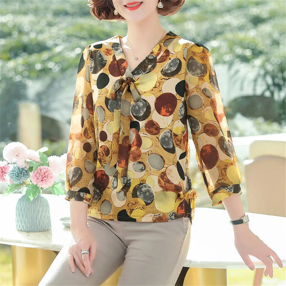 

Spring Summer Women Print Shirts Elegant Bow-Knot V-Neck Loose Casual Bluses T-Shirts Top Blusas MM1333