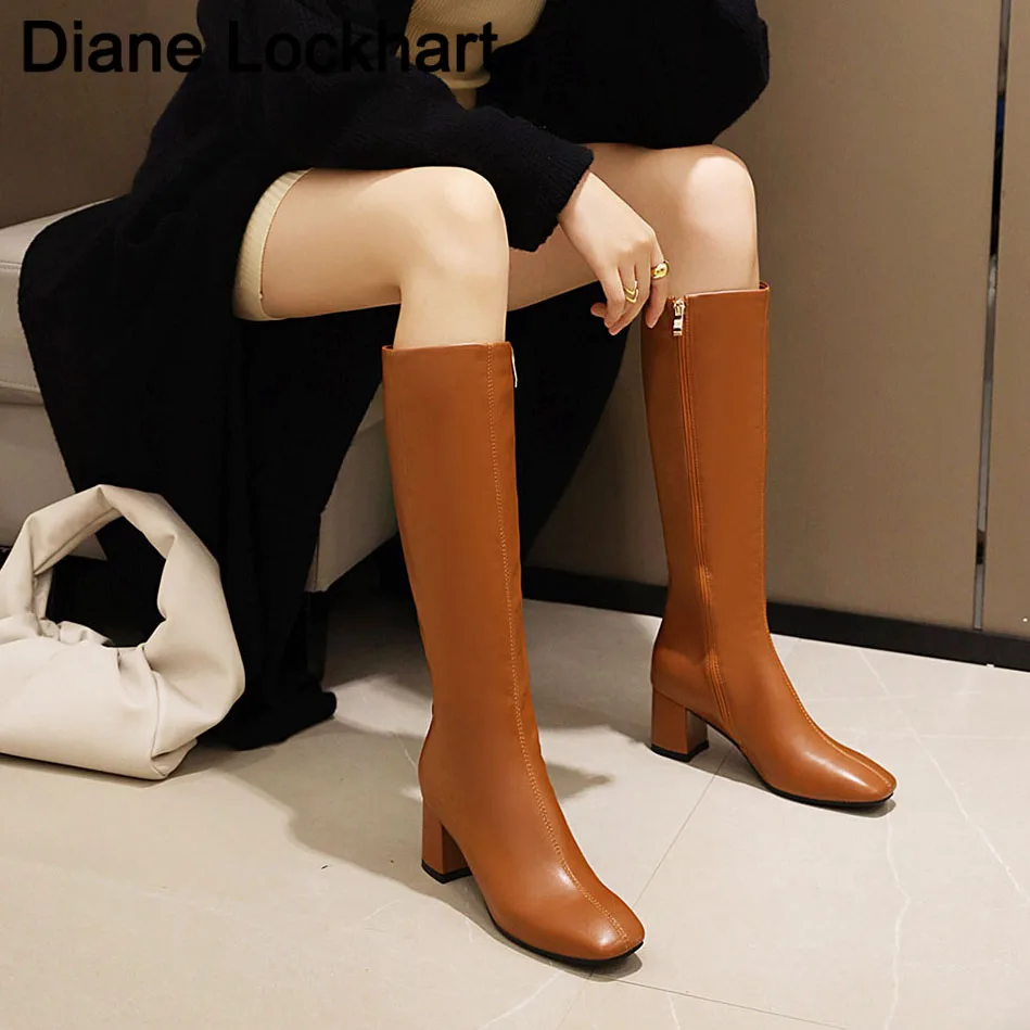 New Winter Trending Women Knee High Boots Square High Heels Beige Boots Square Toe Zippers Apricot Boots Ladies Party Shoes image 2