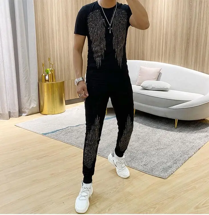summer Tracksuits Men Set  Suit  Sportswear Set Casual Men's 2PCS Outfits hot drilling design