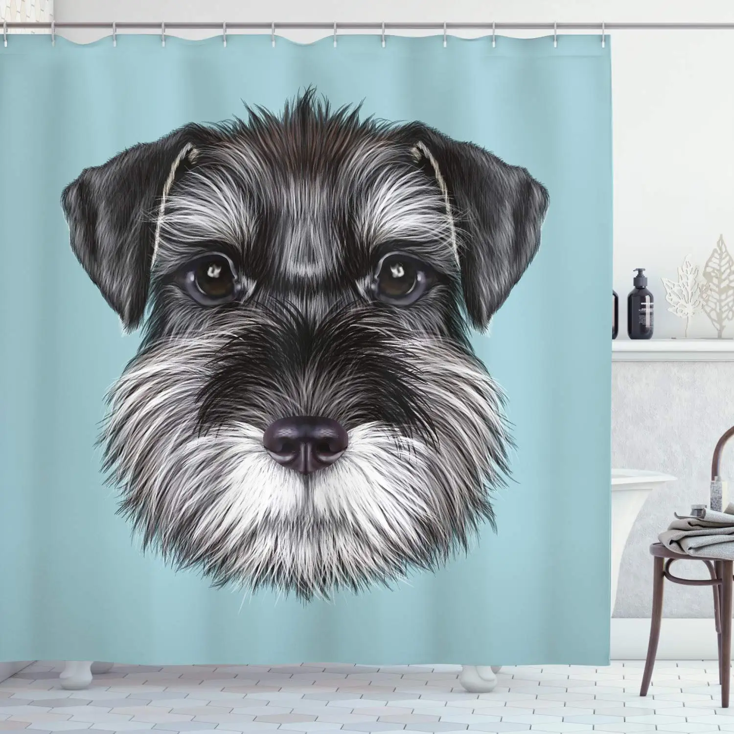 Animal Shower Curtain by Illustration of a Cute Baby Schnauzer on Blue Background Puppy Portrait Fabric Bathroom Decor Set