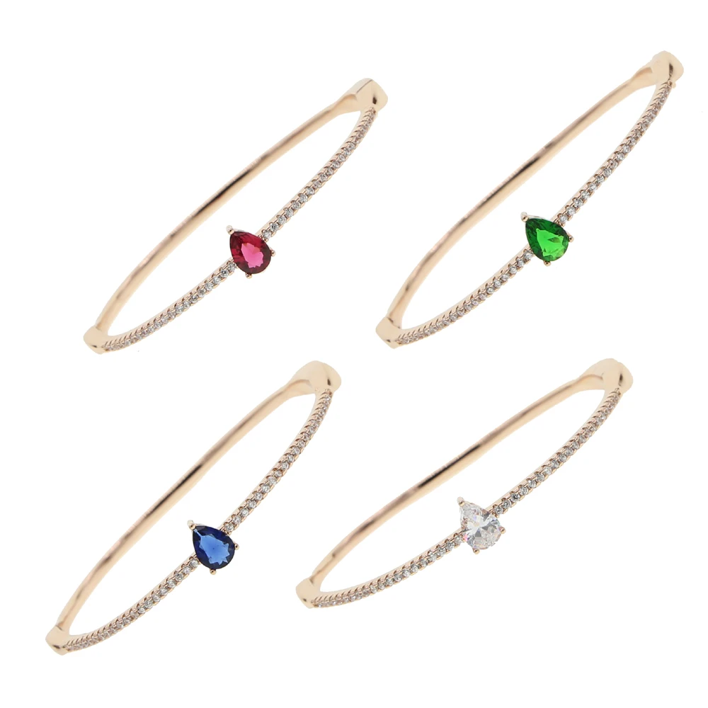 Colorful birthstone red blue green white tear drop CZ bangle bracelet trendy women open cuff bangles