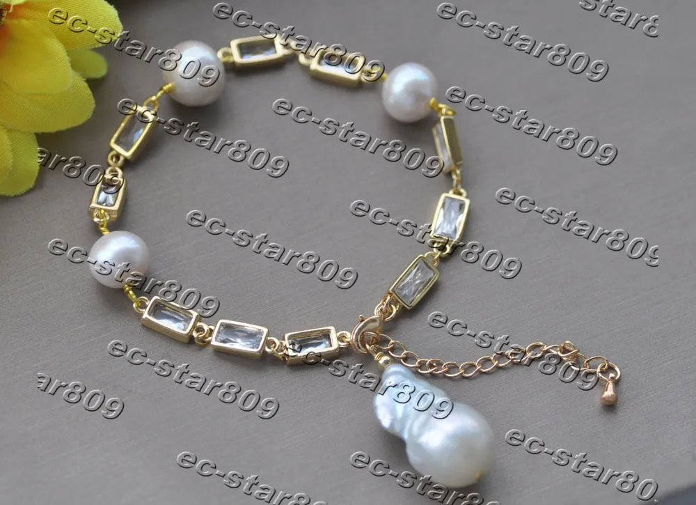 

Z11200 8"~10" 25mm Baroque keshi Rice Freshwater Pearl CZ Chain Bracelet Pendant Woman Fashion Jewelry