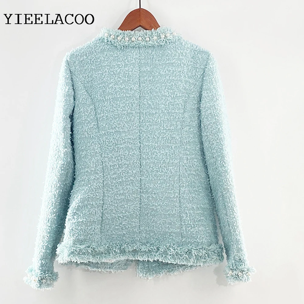 Light blue tweed jacket spring /autumn / winter jacket temperament One piece round neck coat Handmade beads women's jacket