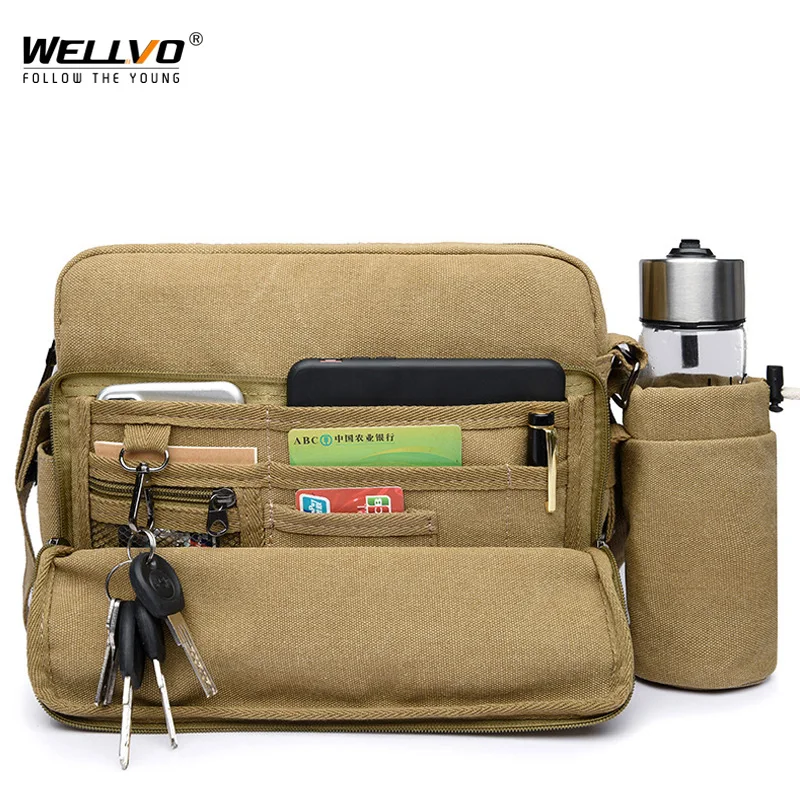 Mężczyźni płótno Satchels Crossbody Bag Multi-pocket torby na ramię biznes Casual wysokiej jakości brązowy Retro torba typu Messenger XA544ZC