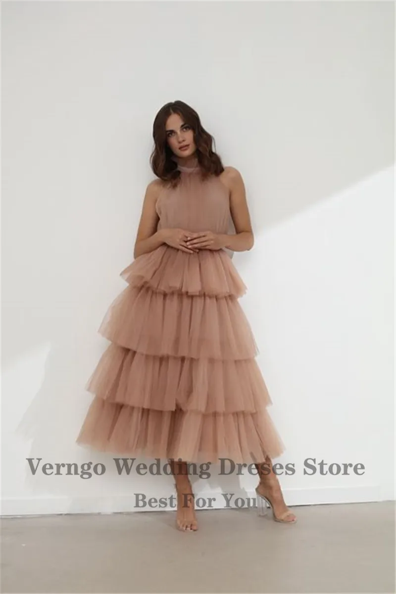 Verngo 화이트/더스티 핑크/라벤더 프릴 Tulle Short 댄스 파티 드레스 High Neck Tiered Tea Length Evening Party Gowns 정장 드레스