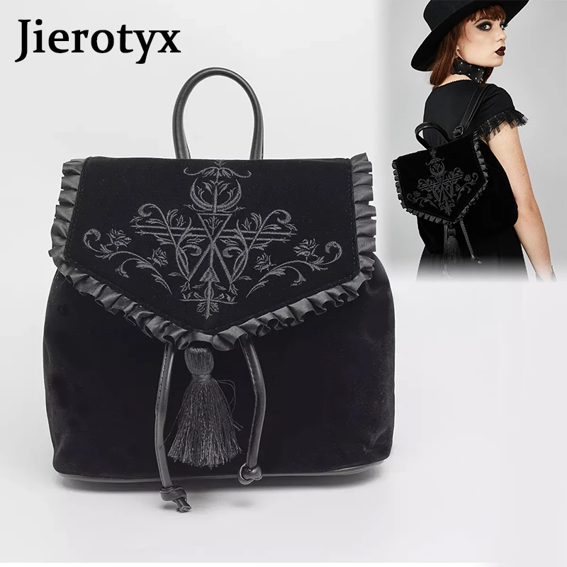 JIEROTYX Dark Harajuku Velvet Backpack Women Gothic Magic Embroidery Black Punk Style Ladies Backpack Travel Bags Shoulder Bag