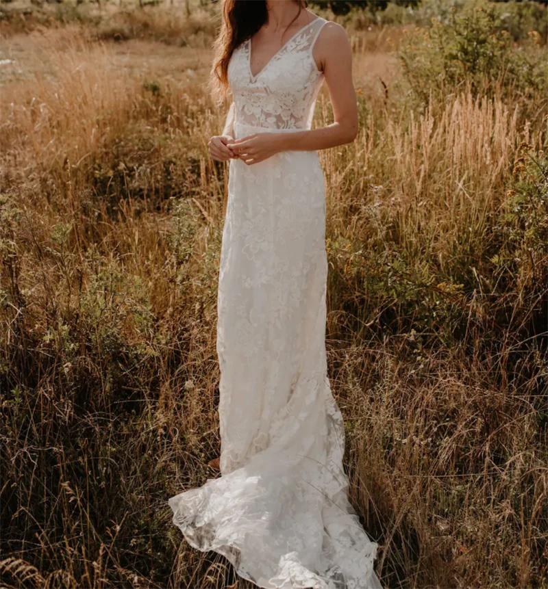 Vestidos de novia corte sirena con escote en V profundo, sin mangas, encaje, vestido de boda con espalda al aire