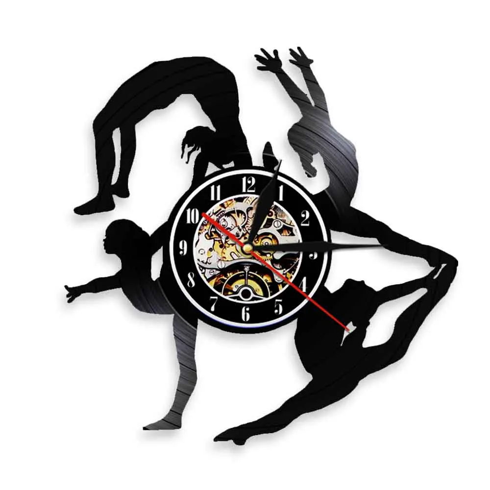 Gymnastics Girls Silhouettes Wall Clock Sports Girl Tumbling Shadow Art Vinyl Record Clock Gymnast Retro Vinyl Disk Crafts Watch
