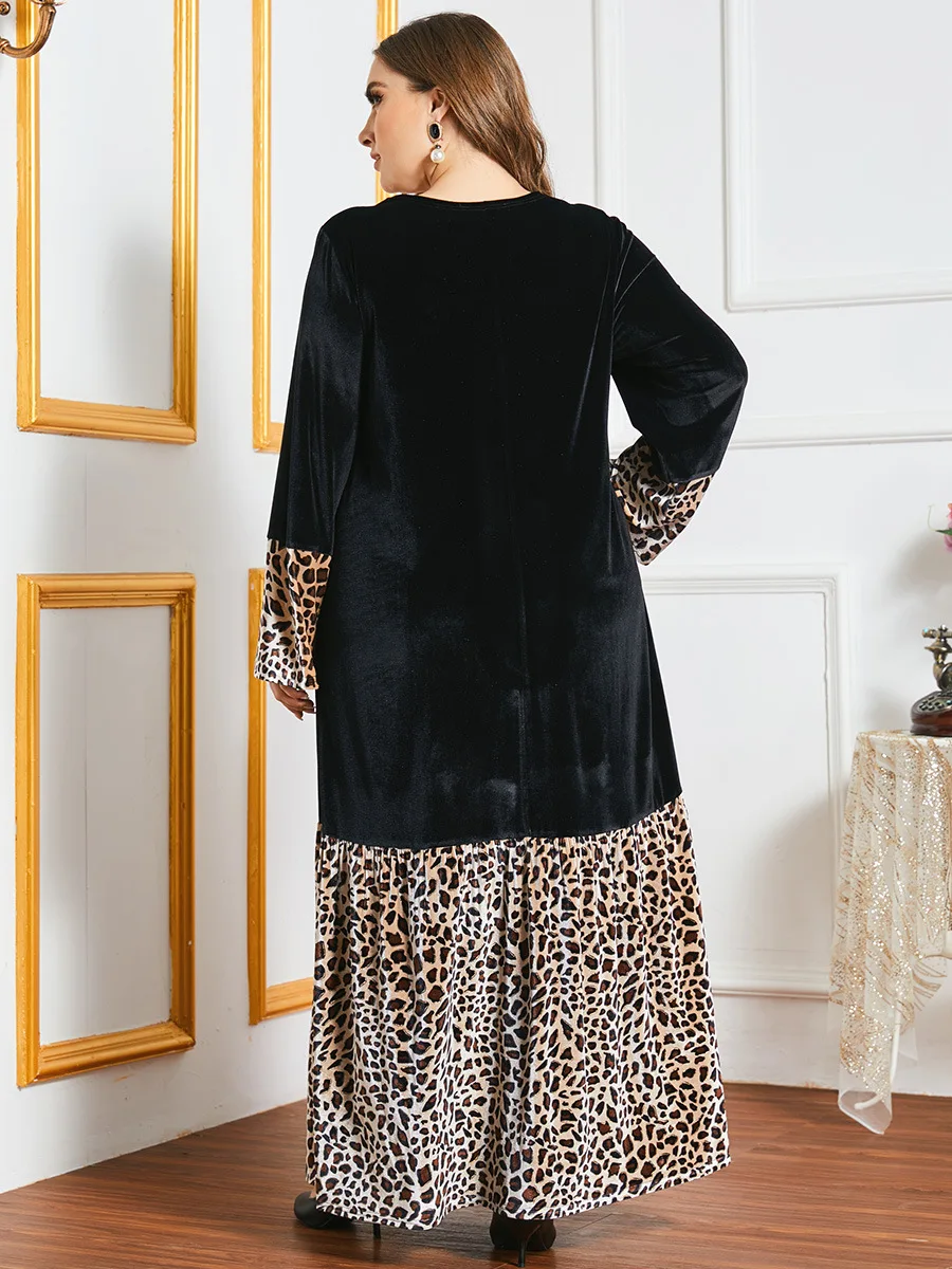 Black Plus Size Velvet Dress for Women Fall Winter 2021 Vintage Ethnic Print Patchwork Long Sleeve Arabic Muslim Clothes Loose