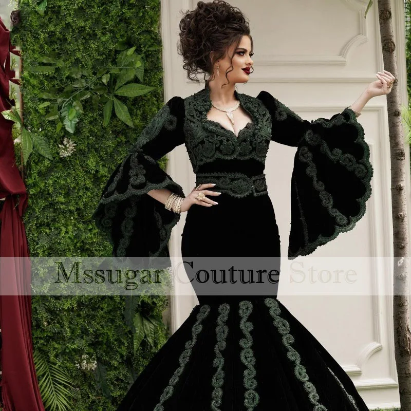 Traditional Albanian Black Mermaid Evening Dresses 2021 Flared Long Sleeves Applique Mermaid Celebrity Dress For Women