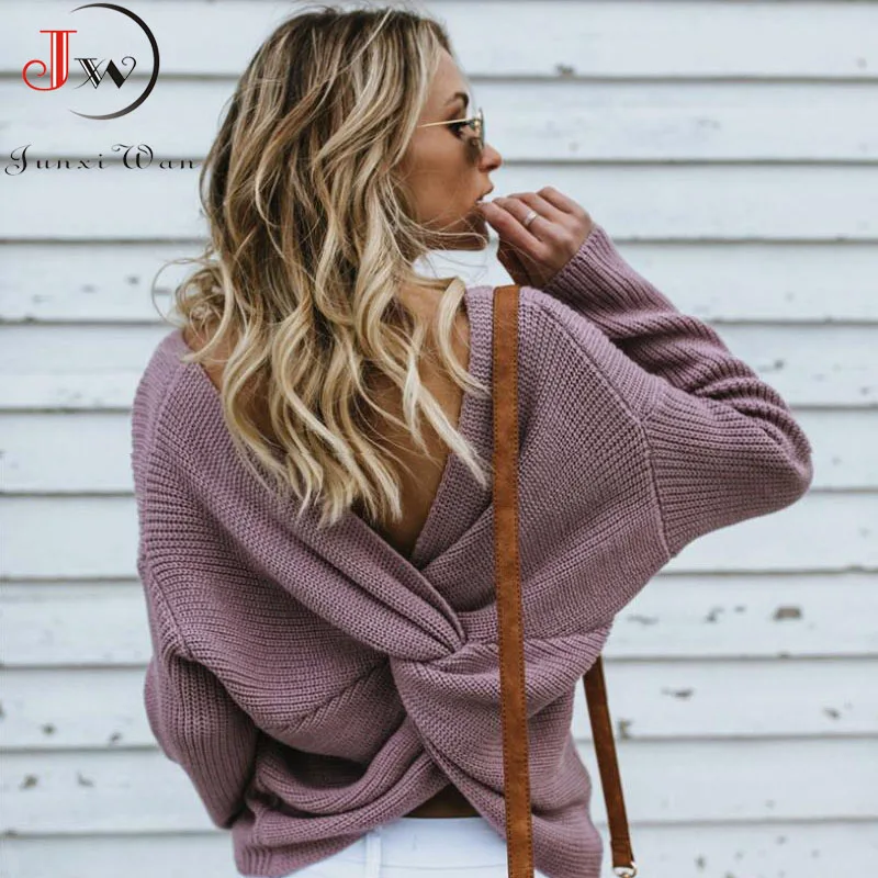 Autumn Winter Fashion Sweater Women Back Criss Cross Beading Knitted Pullovers  Jumper Knitwear Soft Warm Pull Femme