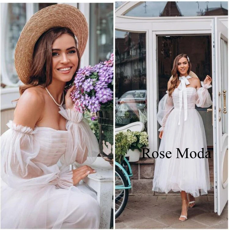 Hoa Hồng Moda Có Thể Tháo Rời Dài Tay Phồng Trà Chiều Dài Đi Biển Áo Cưới Tùy Chỉnh Làm